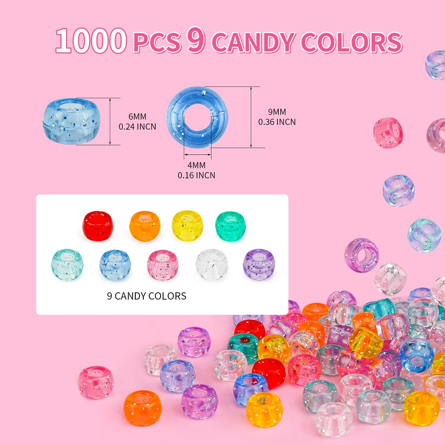 1000+ Stück Glitzerperlen, Ponyperlen, Großpackung, Acrylperlen, 9 mm, große Kunststoffperlen für Armbänder, Haarzöpfe, Basteln, DIY-Projekte