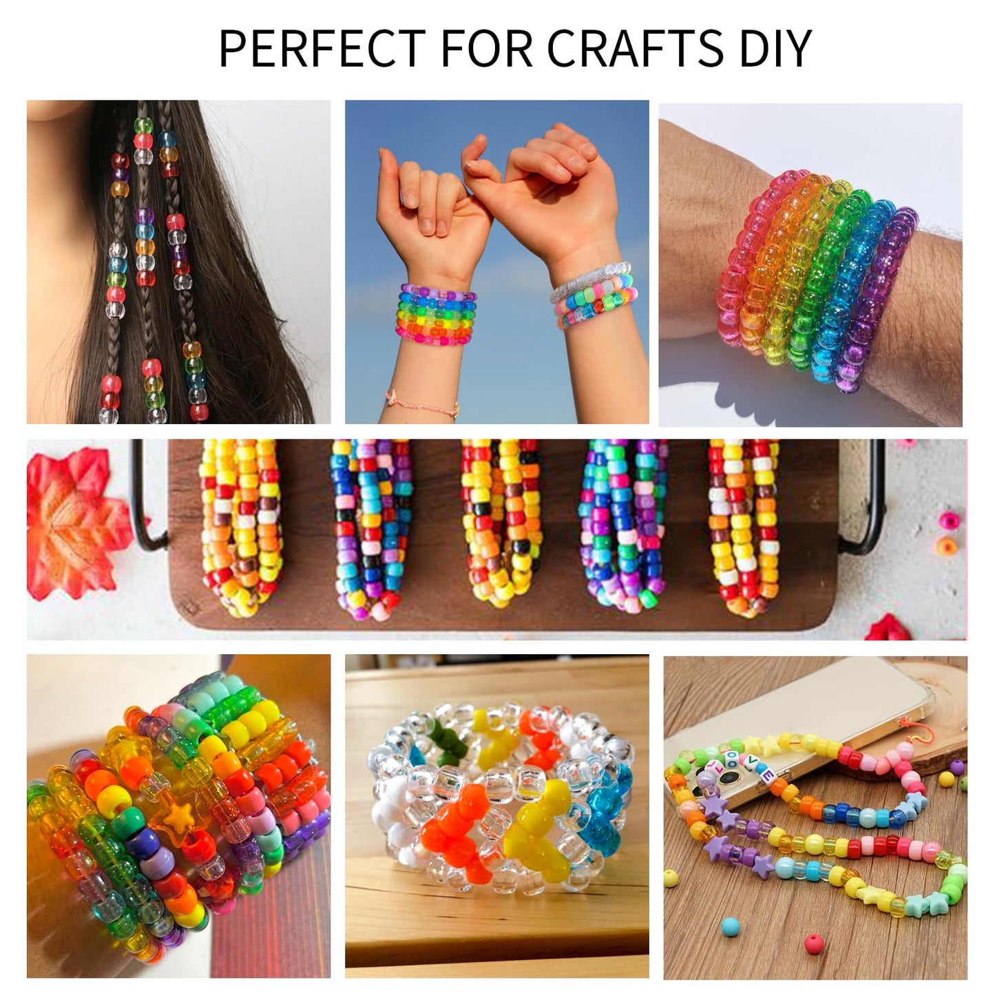 1000+ Stück Glitzerperlen, Ponyperlen, Großpackung, Acrylperlen, 9 mm, große Kunststoffperlen für Armbänder, Haarzöpfe, Basteln, DIY-Projekte